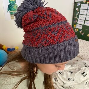 Free People - Red and Gray Pom-Pom Beanie